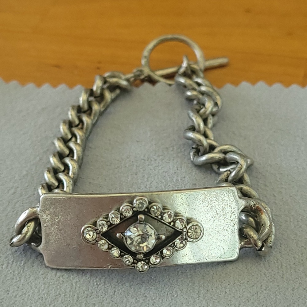 Vintage Silver Tone Rhinestone Eye ID Curb Chain Toggle Bracelet 7in 23.6g